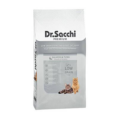 Dr.Sacchi Premium Düşük Tahıllı Somonlu ve Ton Balıklı Kısırlaştırılmış Kedi Maması 10 Kg